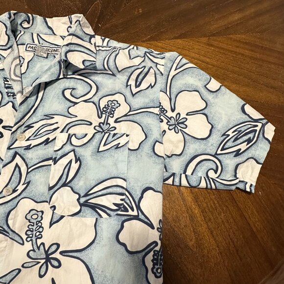Pacific Scene Vintage 90s Y2K Hawaiian Shirt Blue White Floral 100% Cotton Sz L - Picture 3 of 6